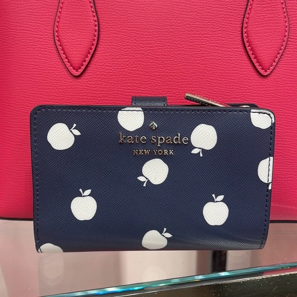 Kate Spade Staci Large White Apple Compartment Bifold Wallet BLAZER BLUE MULTI